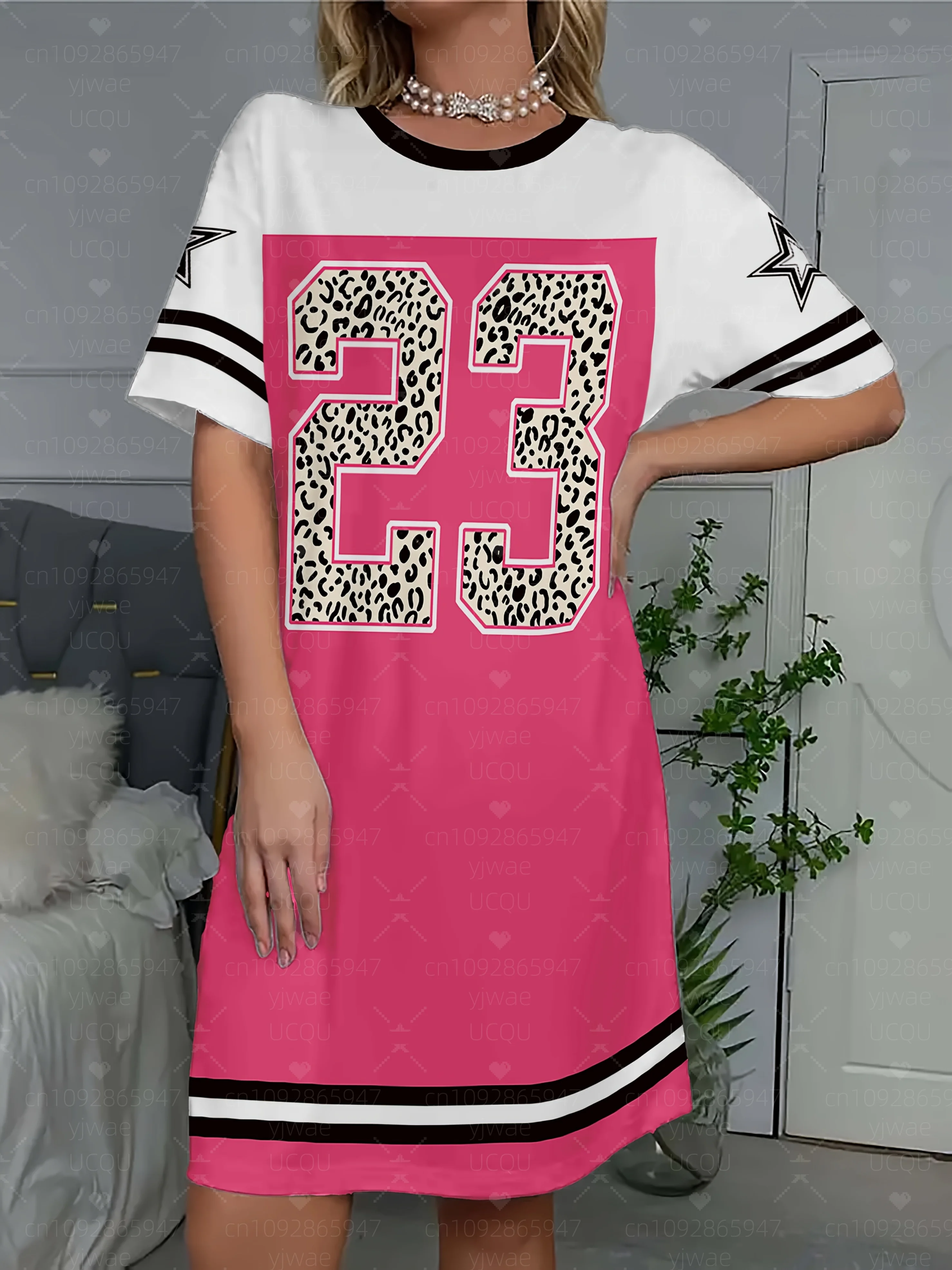 2025年夏 レディース Tシャツワンピース パジャマ風 カジュアル 23番プリント Oネック レディース半袖プルオーバーワンピース レディースナイトドレス