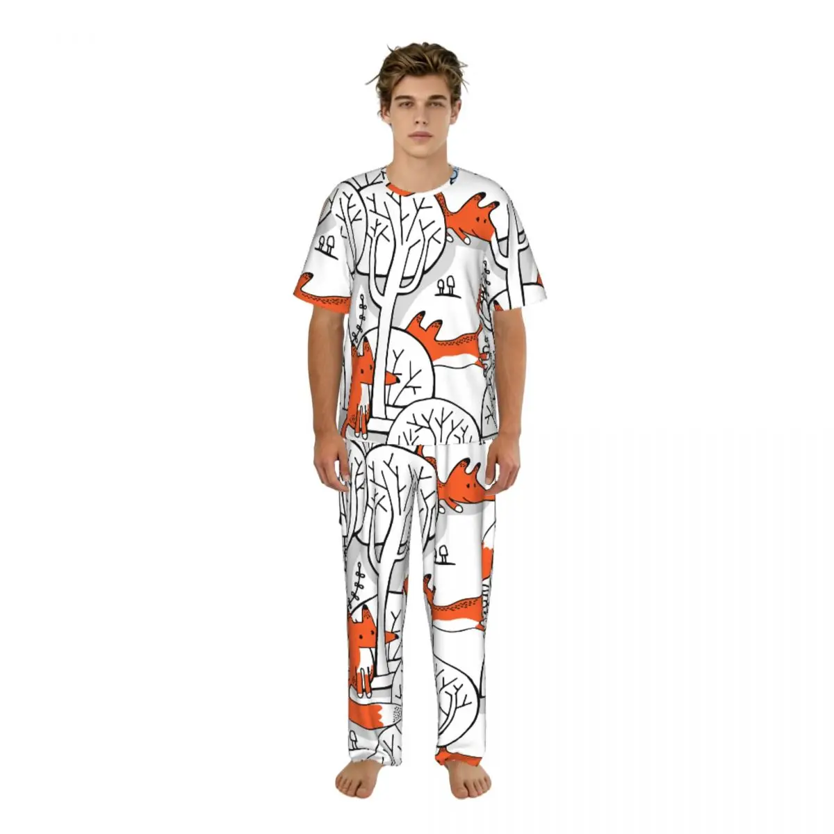 Men Pajamas Set Red Fox Jumping In The Snow Short Sleeve Spring Summer Lounge Sleepwear Male Nightwear