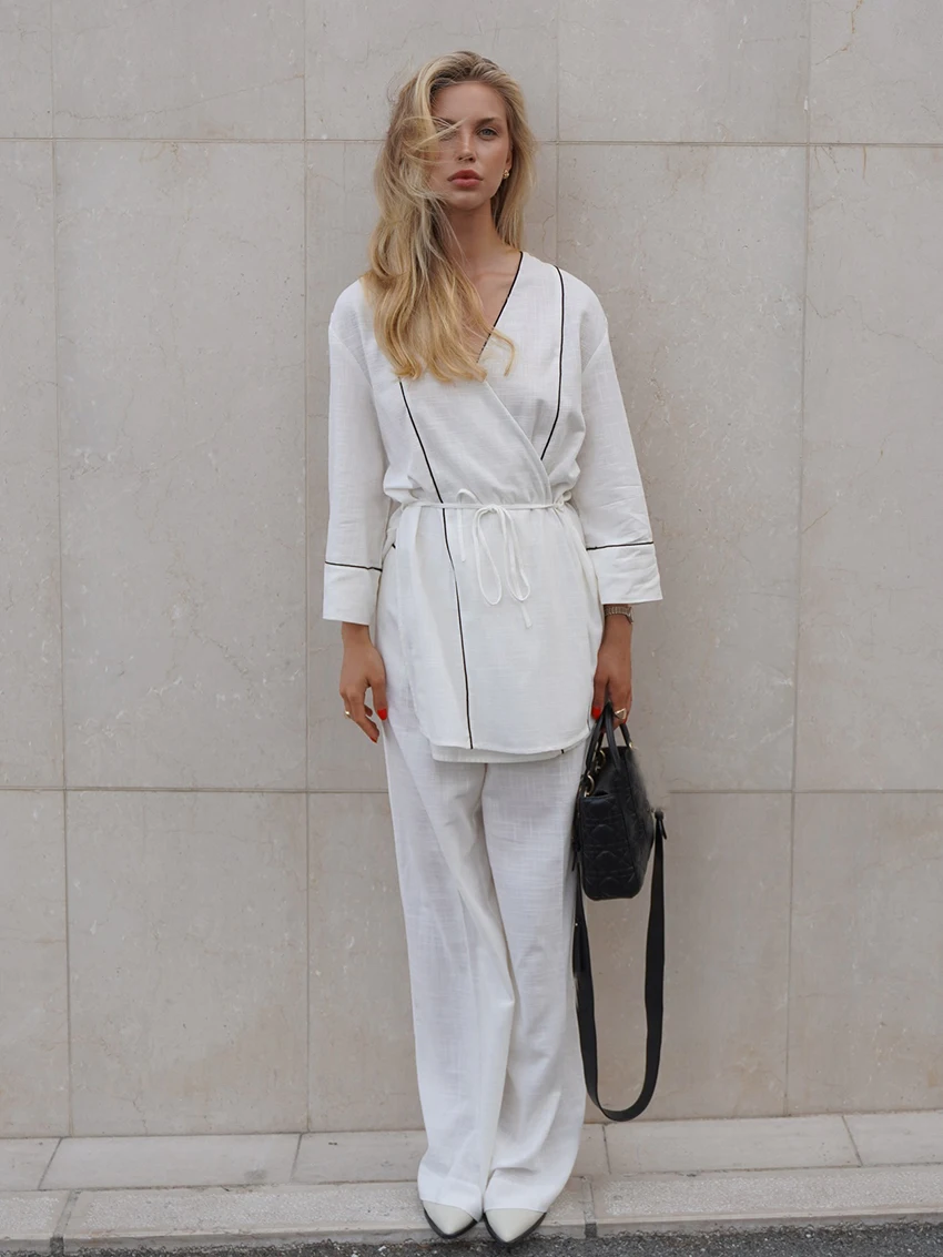 

Marthaqiqi Cotton Female Nightwear Set Lace Up Sleepwear Long Sleeve Robe Sexy V-Neck Pajamas Pants Casual Women Nightgowns Suit