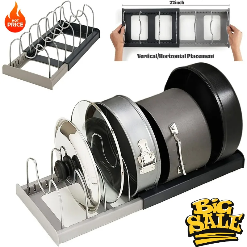 Expandable Pot & Pan Organizer Rack, Adjustable Under Sink Cabinet Lid Holder, Space Saving Kitchen Cookware Storage Organizer