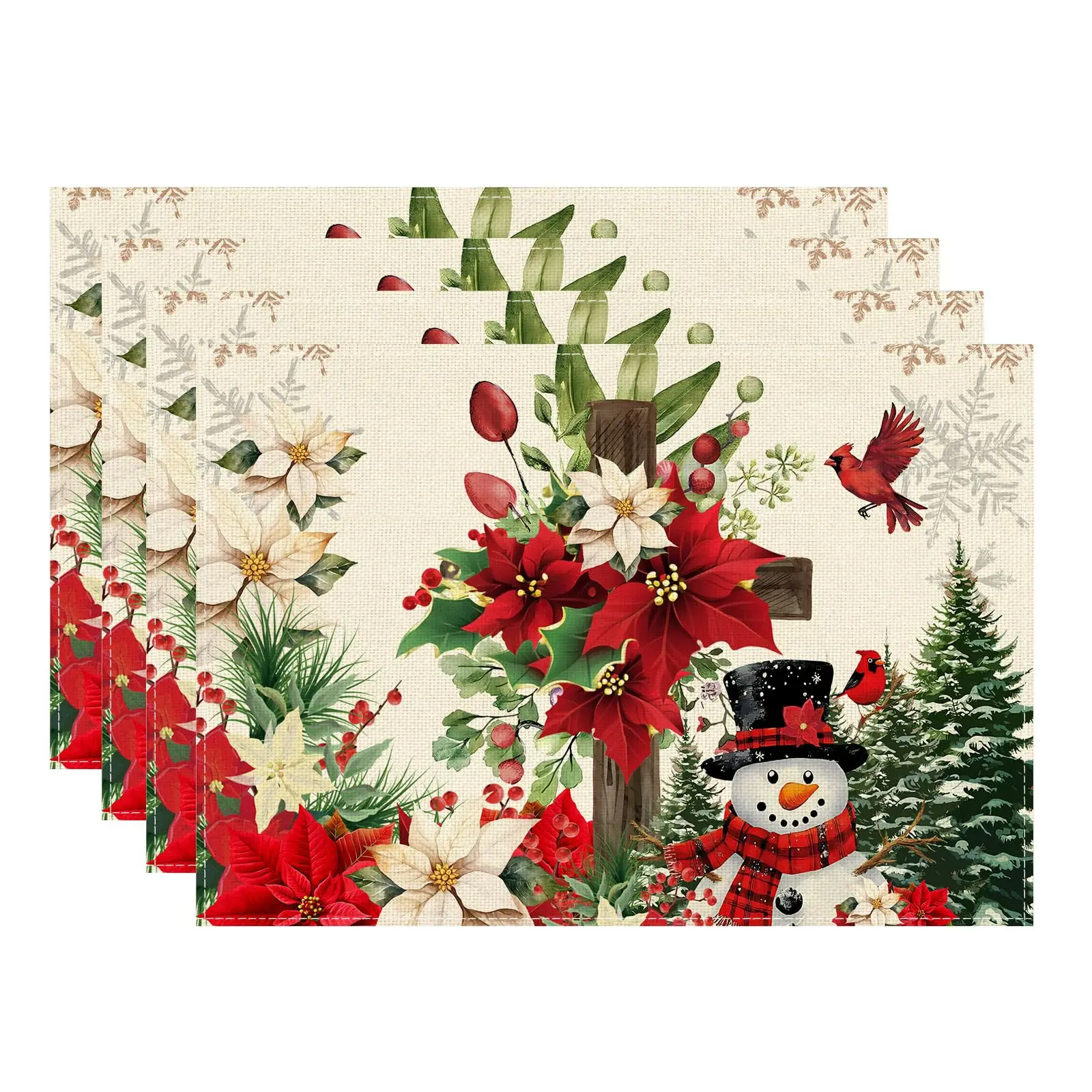 

Snowman Poinsettia Christmas Winter Cross Xmas Placemats Table Mats for Party Home Kitchen Dining Table Decorations 12x18 Inch