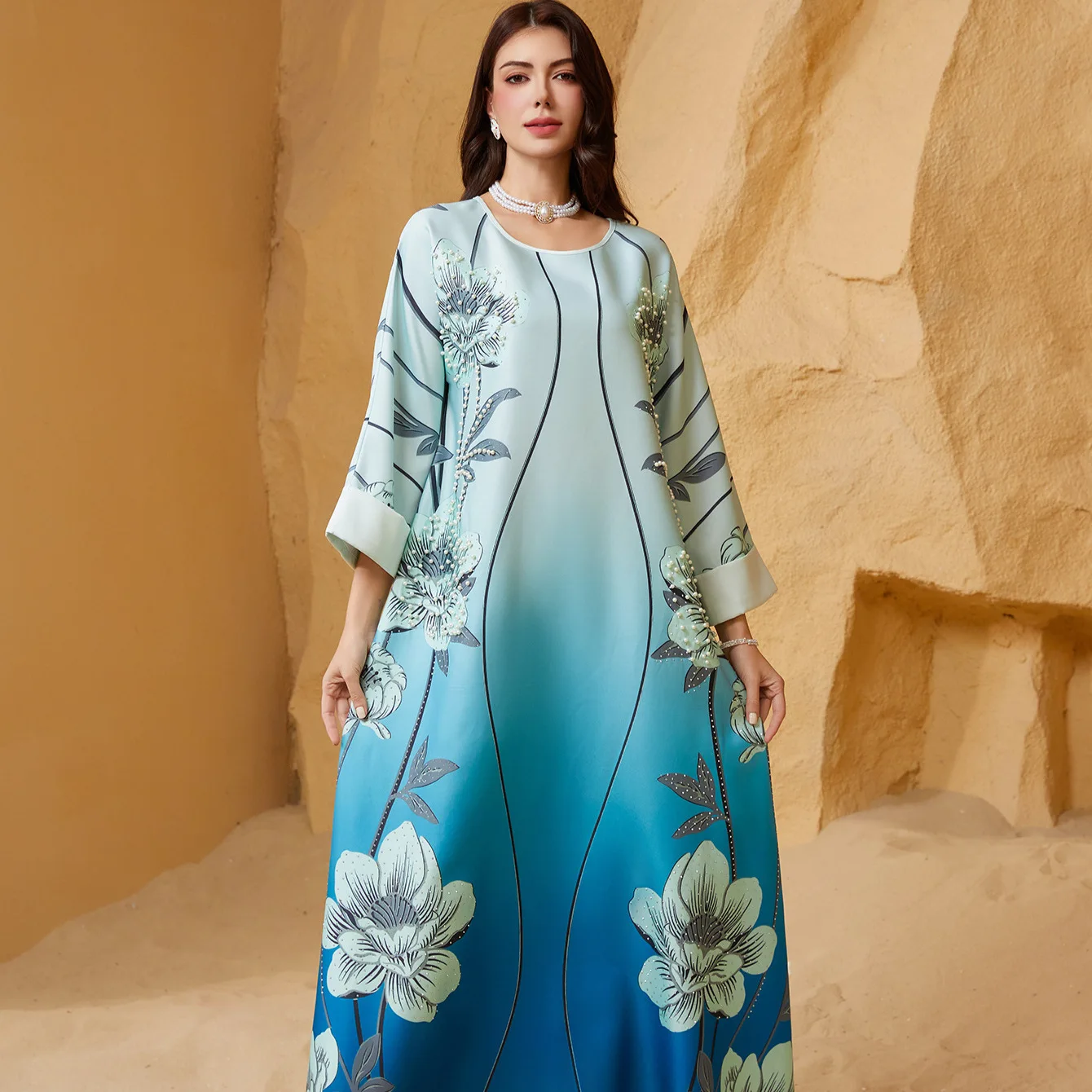

New Fashion Muslim Women's Light Blue Gradient Color O-neck Long Sleeve Ankle Length Beading Casual Trendy Elegan Dresses Abaya