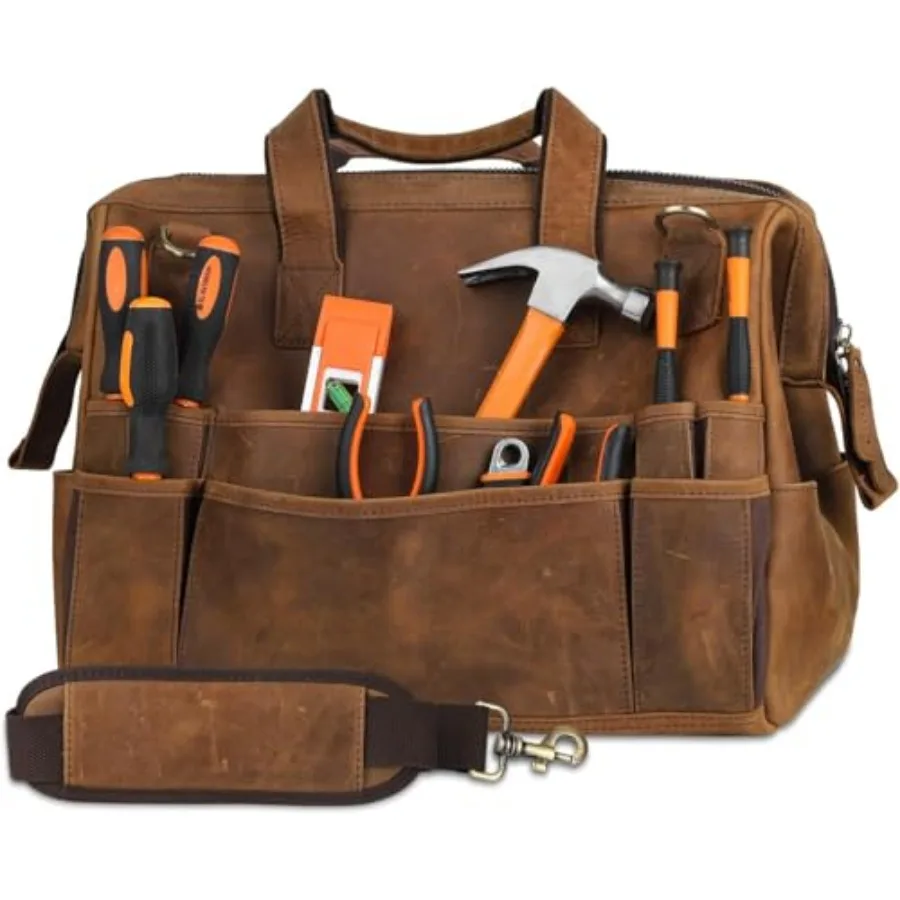 

Leather Tool Bag Wide Mouth Tool Storage Bag for Hand Tools 16 inch Tool Tote Bag Gardening Outdoorsmen Heavy Duty Organizer El