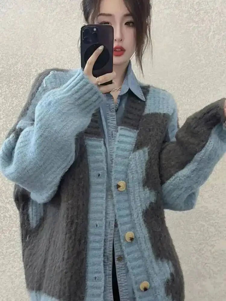 

Женский кардиган с V-образным вырезом и цветными блоками, свободный повседневный вязаный свитер в ленивом стиле, супер красивый и уникальный топ