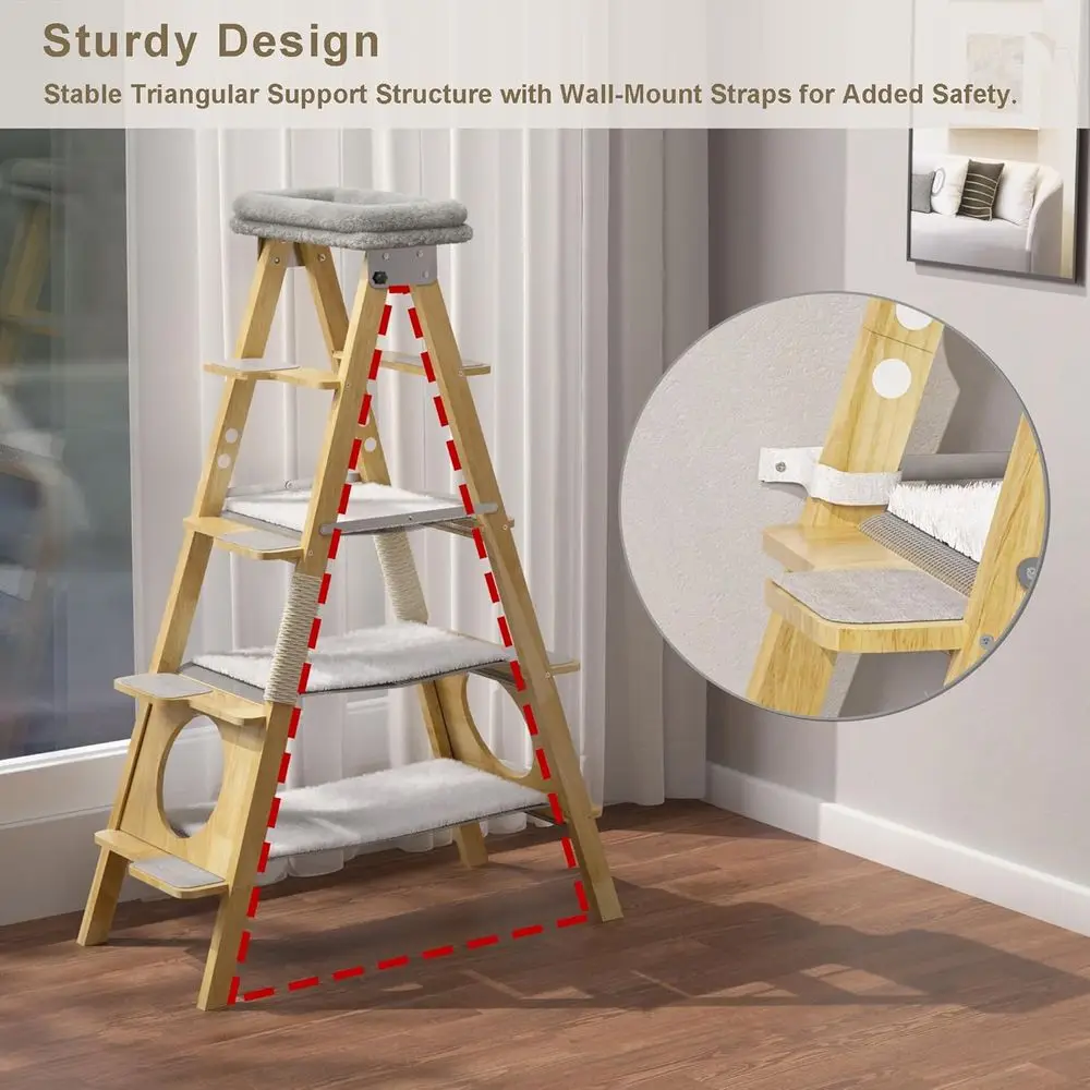 60인치 높이의 원목 캣타워, 해먹, 시잘 포스트, 간편한 청소 디자인