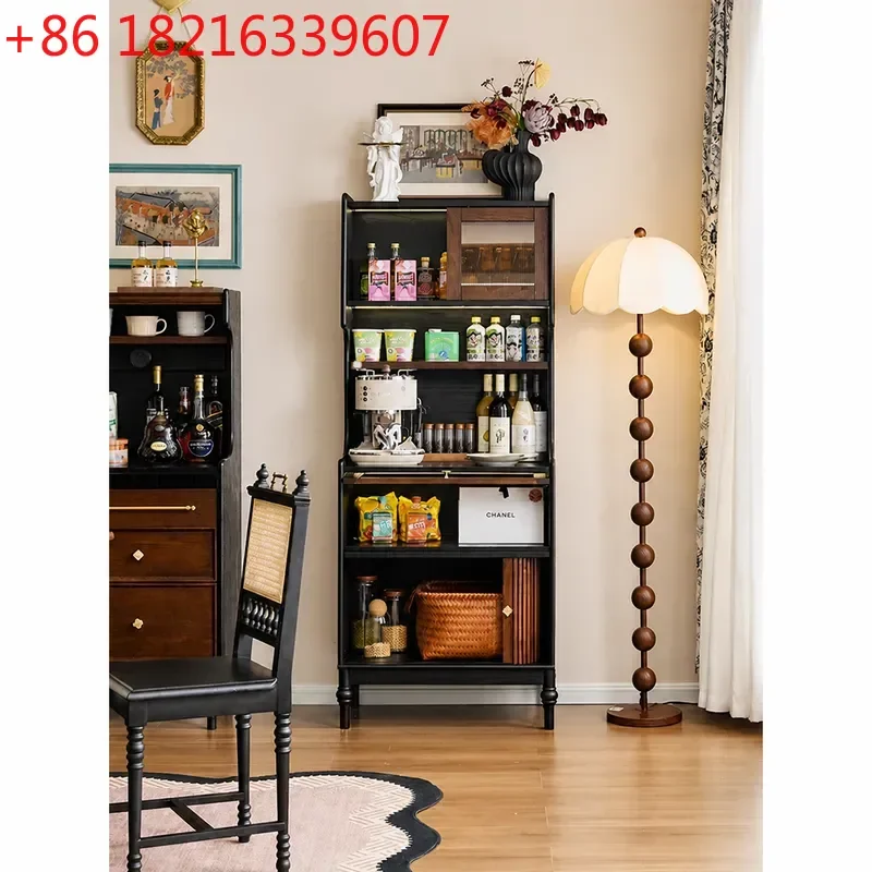 YAOSolid Wood Dining Side Cabinet Narrow American Living Room Wall Integrated Tea Cabinet Multi Functional Locker High Cabinet