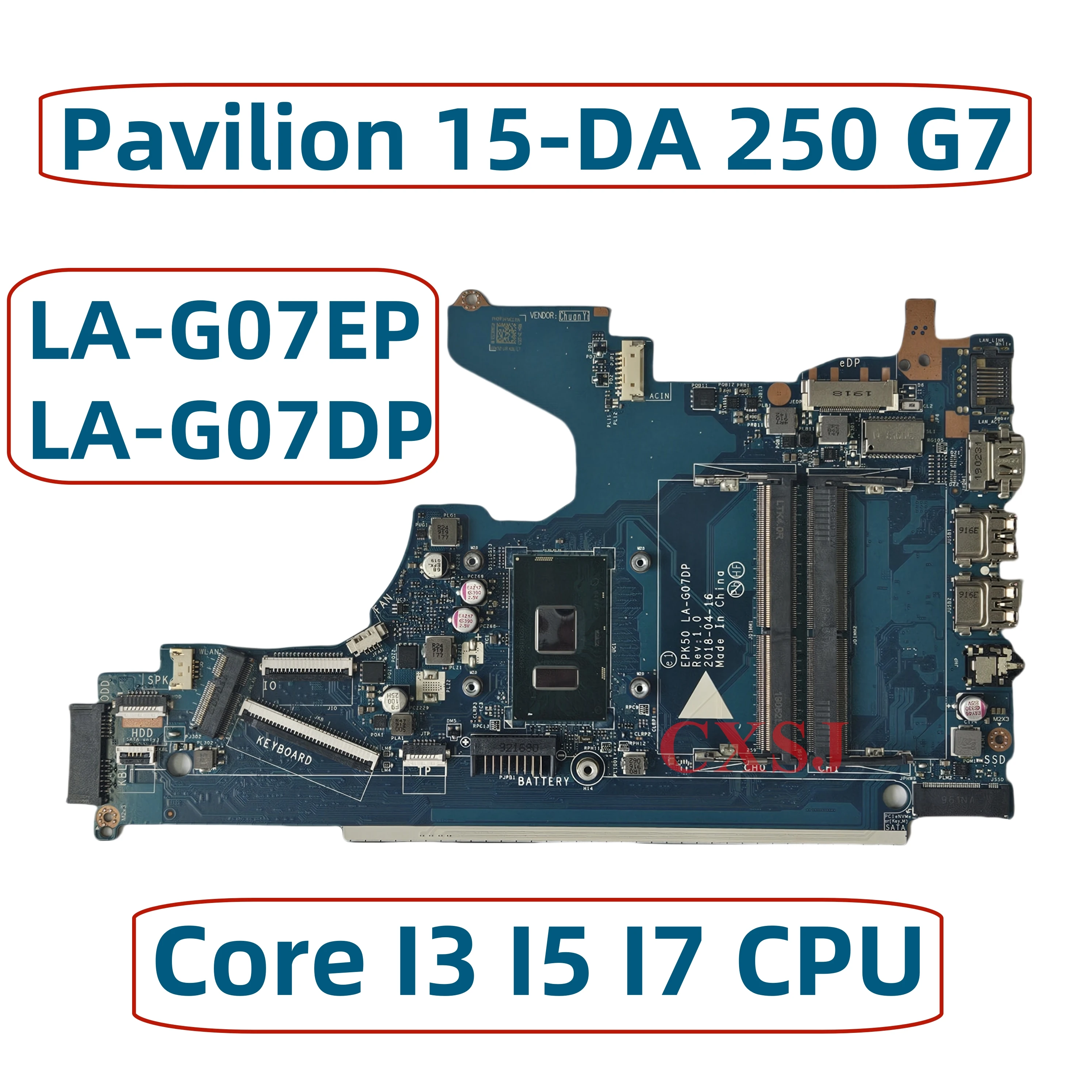 

EPK50 LA-G07EP LA-G07DP For HP 15-DA 250 G7 Laptop Motherboard core I3 I5 I7 CPU L20373-601 L20374-601 L20369-601 L20371-601