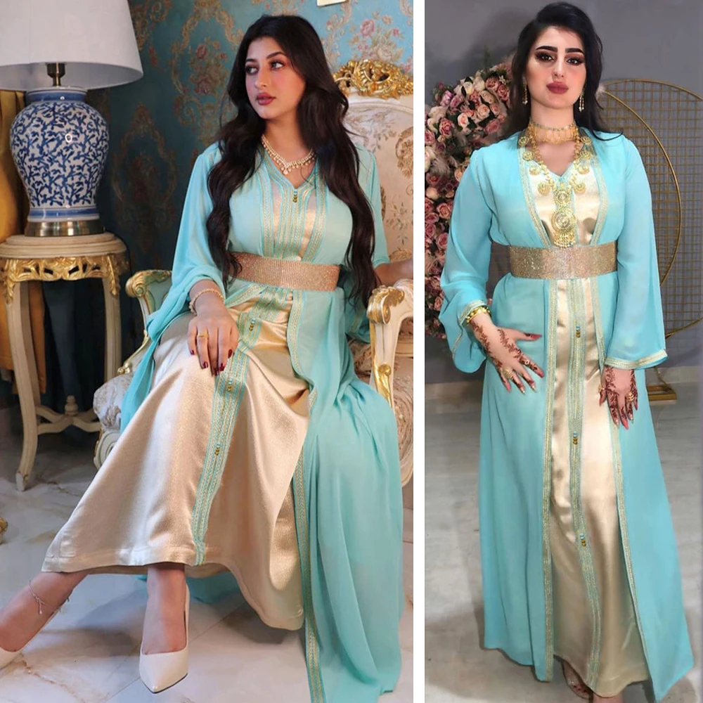 

Eid Mubarak Elegant 2 Pieces Abaya Set Muslim Women Vest Long Dress with Chiffon Outerwear Moroccan Caftan Arabic Dubai Jalabiya