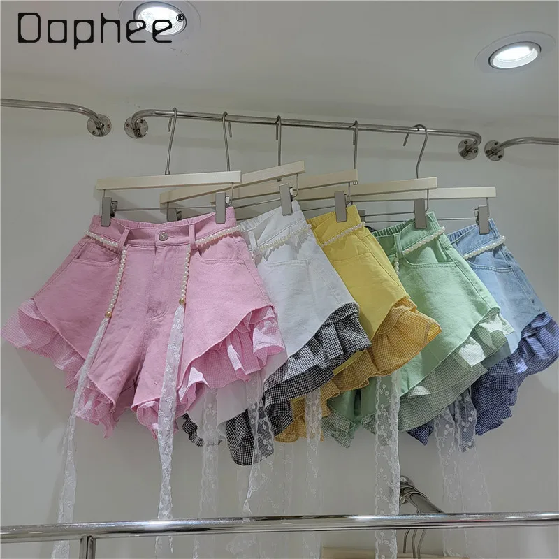

2026 Summer New Candy-Colored Denim Puzzle Plaid Shorts High-Waisted Slimming Design Denim Shorts with Belt