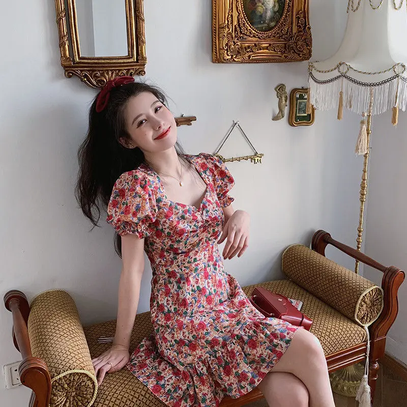 

Retro Sweet Saltiness First Love Dress New Summer Fairy Tale Floral Print Women's Dress High Waist Bubble Sleeve Short Dress