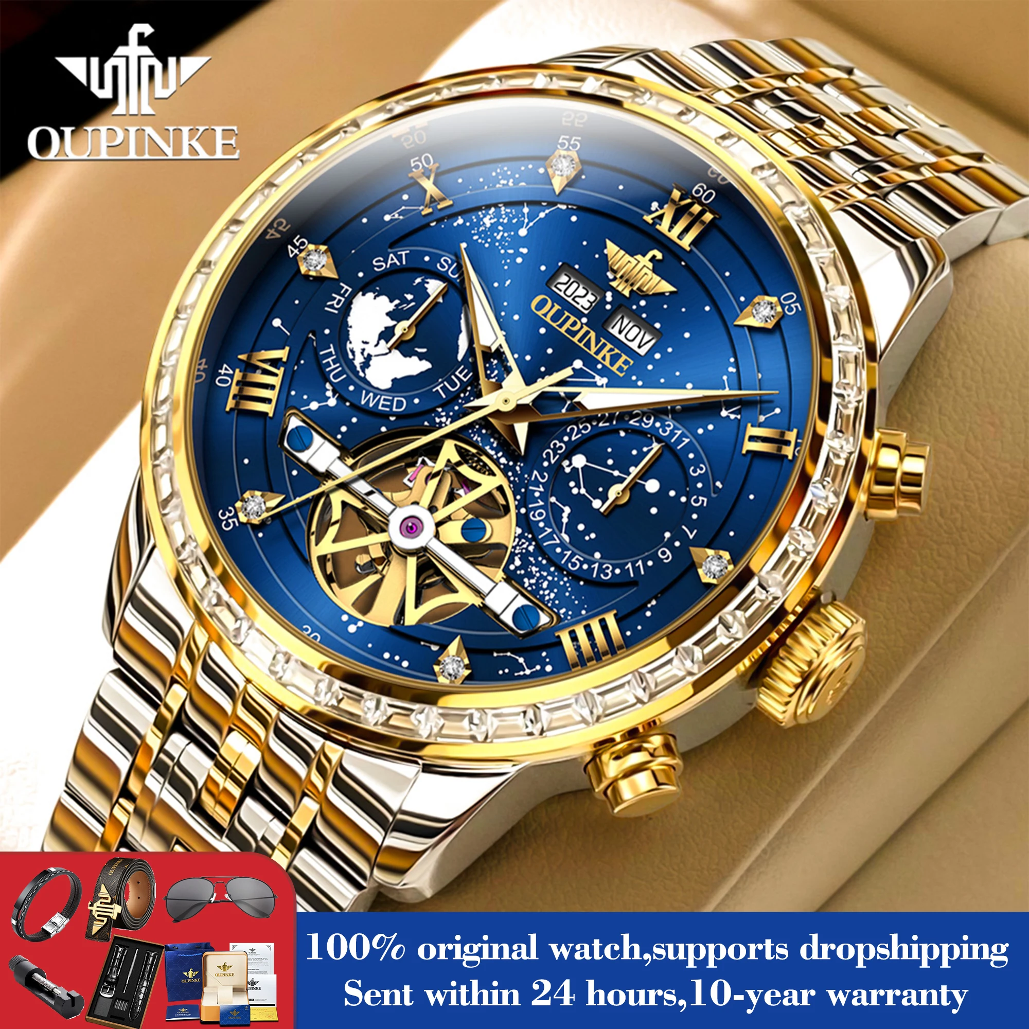OUPINKE 3255 Watch For Men Luxury Hollow Roman Scale Mechanical Men Watch Top Brand Date Waterproof Luminous Man Automatic Clock