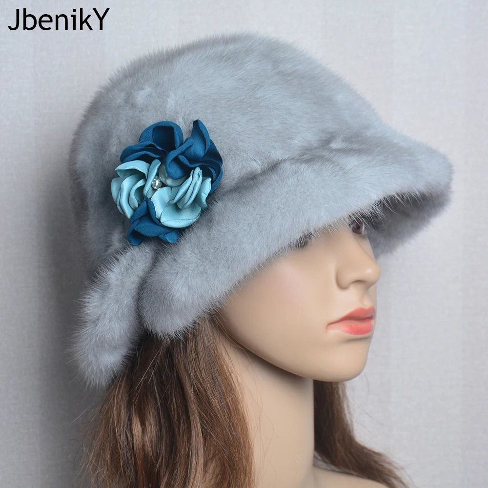 

Woman Hat Winter Solid Mink Caps With Flower Natural Mink Fur Hats New Russian Girl Soft Knitting Real Fur Bucket Hats 2024 Warm