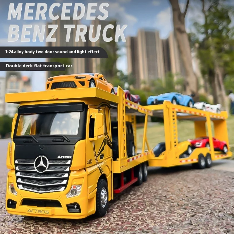 1:24 Mercedes Benz Double Decker Flatbed Transport Truck Alloy Diecast Car Model Sound And Light Science Education Series Toys