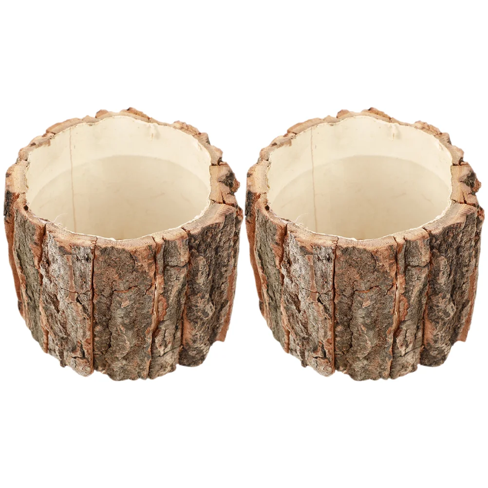 

2 Pcs Indoor Plants Bark Flower Bucket Wooden Barrel Planter Tree Stump Decor Frog