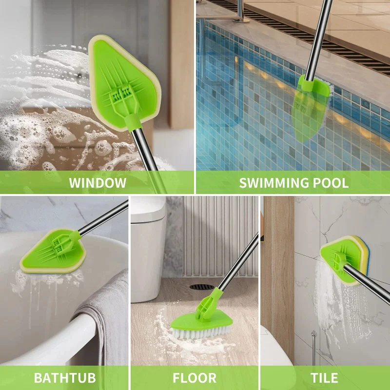 2 in 1 Long Handle Brush Head Replacement Sponge Durable Anti-Rust Triangular Removable Scrubber Floor Glass Tile Sink Cleaning