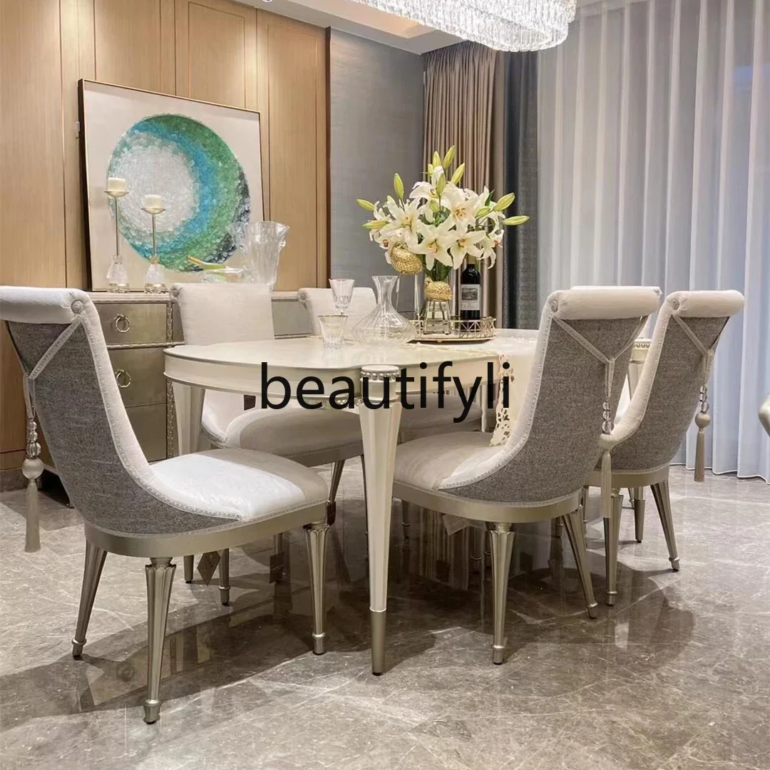 

French dining table American light luxury simple high-value solid wood dining table 6-8 people rectangular dining table07