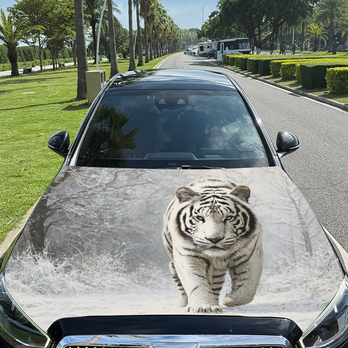 Car Decals White Tiger with Cool - Toned and Sleek - Styled Background Car Hood Sticker, Waterproof Self - Adhesive Vinyl Graphi