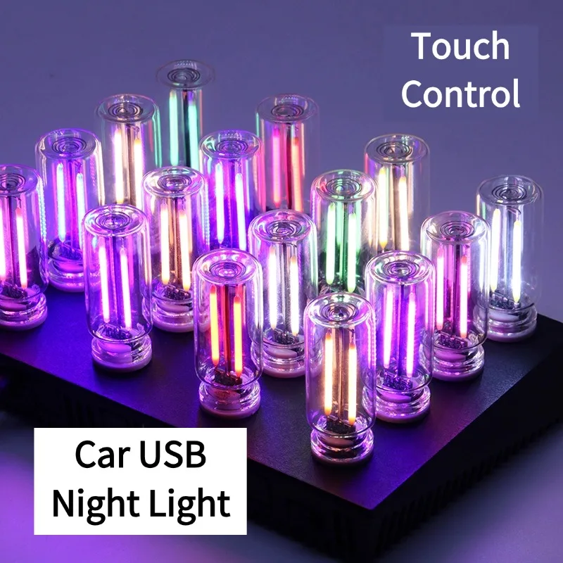 Car USB Night Light Touch Control Dimmable LED Filament Lamp USB Plug and Play Decorative Atmosphere Light for Car Bedroom