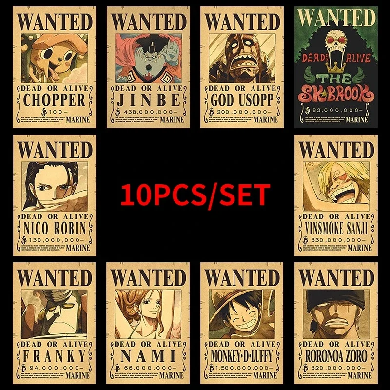 10 Teile/satz Anime One Piece Vintage Poster Kinderzimmer Wohnzimmer Wanddekoration Cartoons Pirate Wanted Gemälde Aufkleber Spielzeug