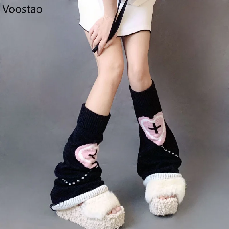 Japanese Gothic Lolita Knitted Socks Leg Warmer Anime Pink Heart Cross Punk Harajuku Long Socks Women Kawaii Y2K Punk Leg Cover