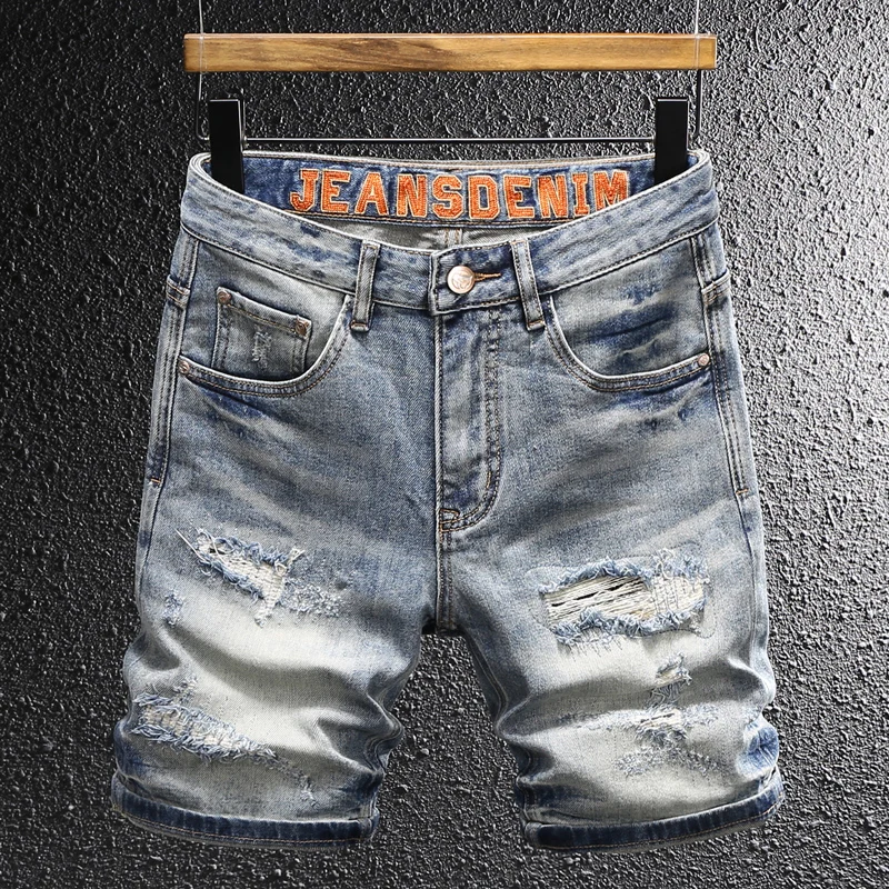 

Y2K Designer Fashion New Men's Denim Shorts Scratched Embroidery Washed Nostalgic Light Blue Denim Shorts Designer Shorts Hombre