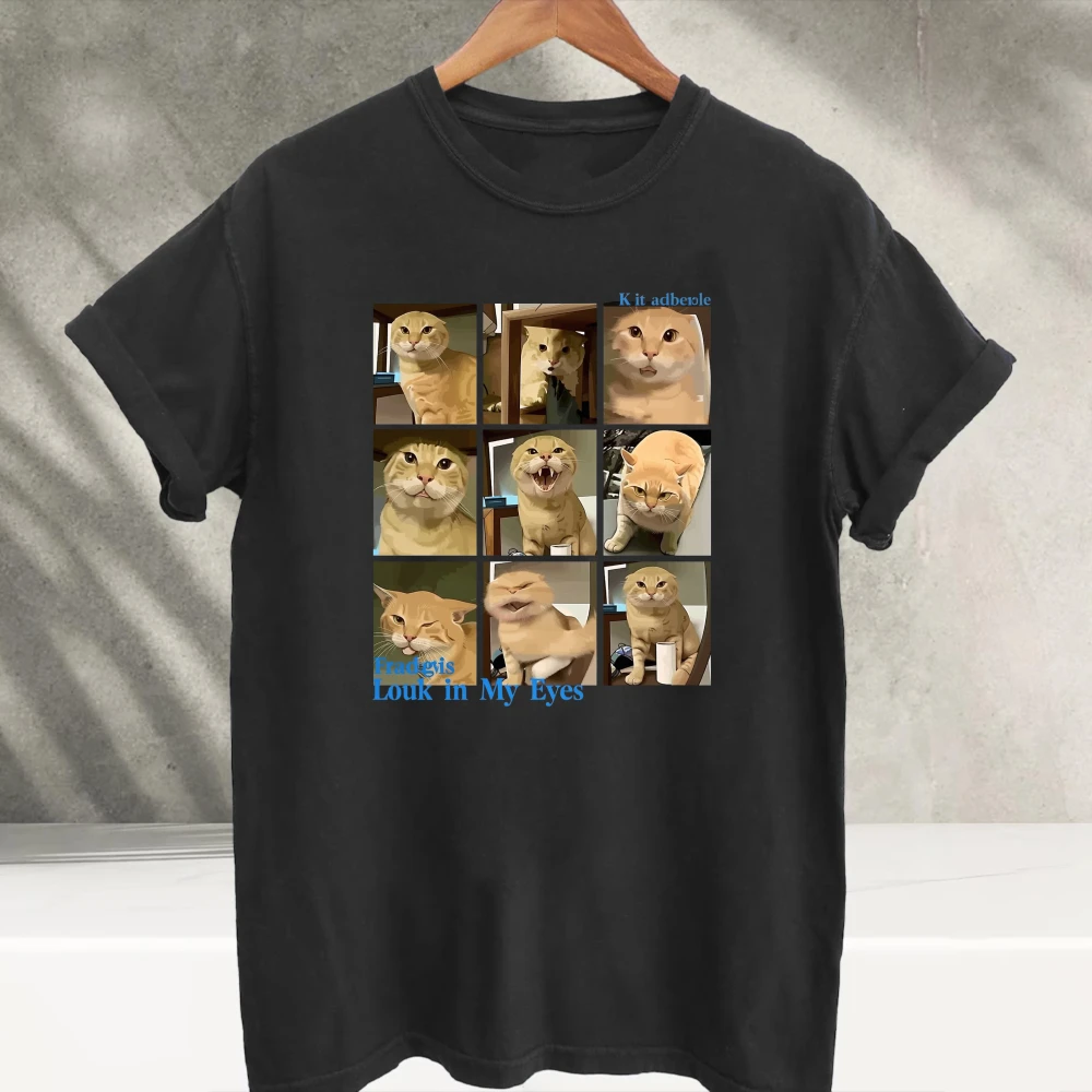 Unisex Francis Look in My Eyes Meme Cat Collage Graphic T‑Shirt Funny Viral Orange Cat Photo Grid Art Print Soft Cotton Tee Tops