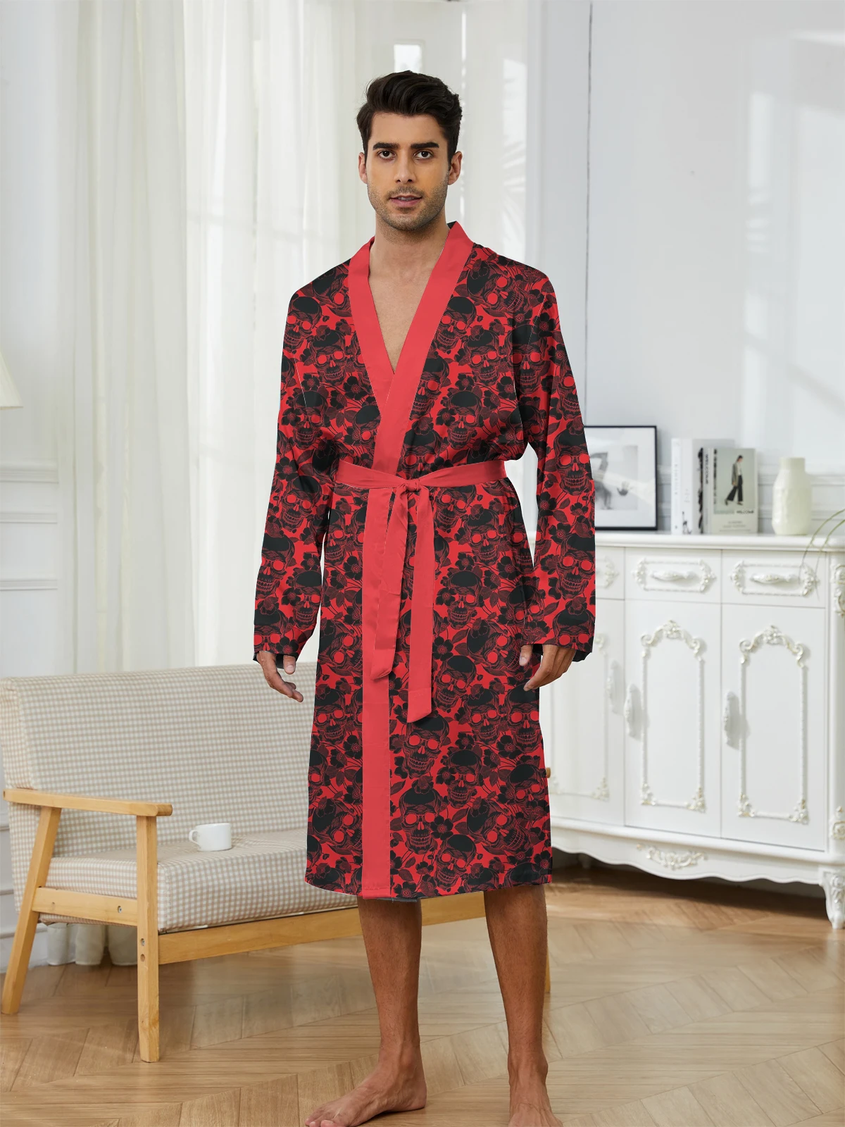 

New men's home nightgown 3D printed in full red loose and thin skin friendly quick drying autumn long bathrobe pajamas