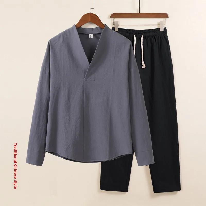 

Мужской домашний комплект из хлопка и льна свободного кроя: брюки и верхняя одежда в китайском стиле для молодежи, весна-осень