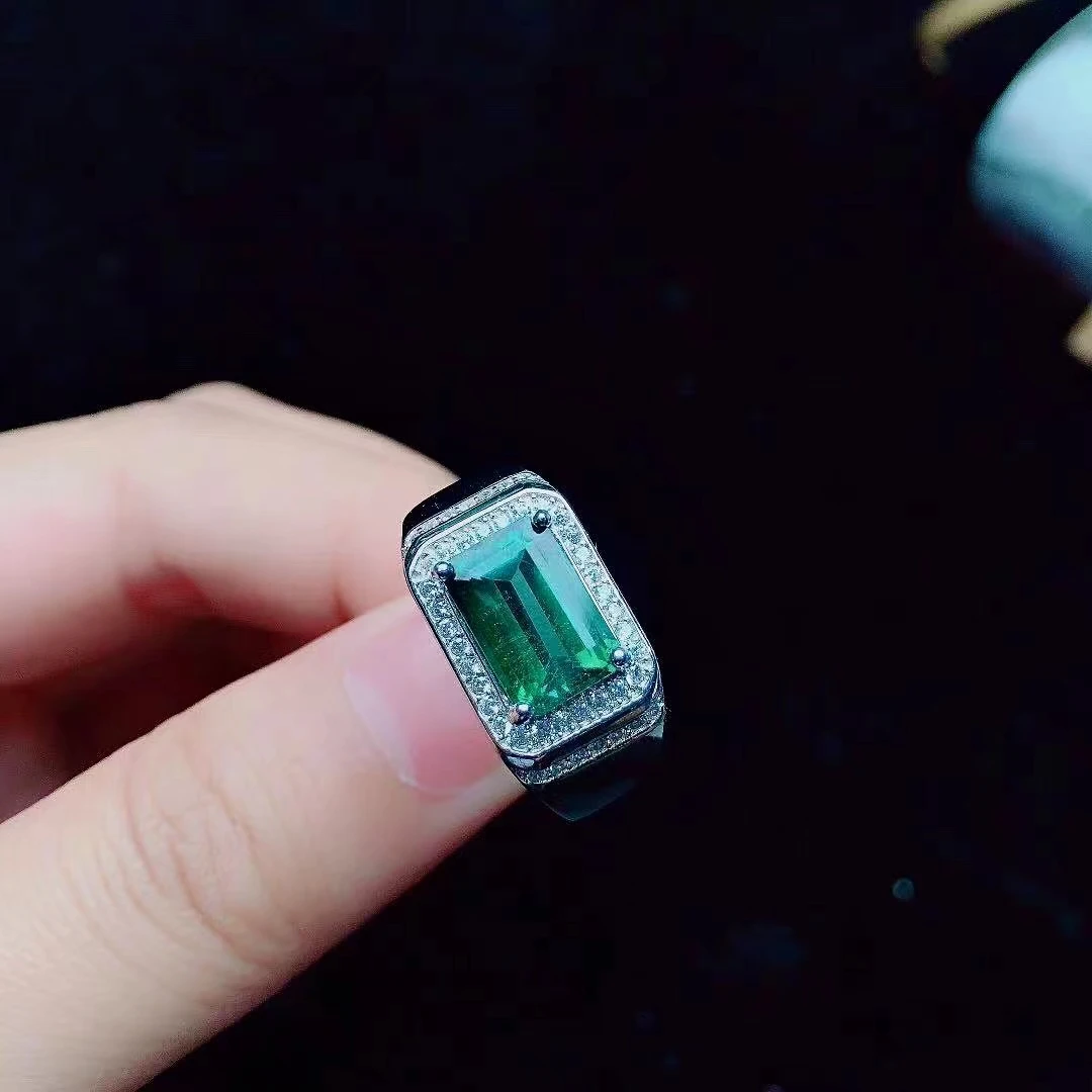 خاتم التورمالين الأخضر الطبيعي لعام 100% للرجال خاتم فضة من التورمالين مقطوع بالزمرد 925 مجوهرات من الفضة التورمالين هدية لصديقها
