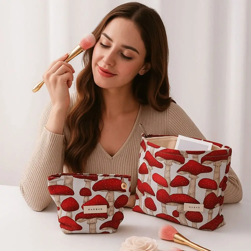 Vintage Canvas Makeup Bag M/L Size Washing Storage Bag Red Mushroom Printing Coin Key Purse Wedding Bags & Cases