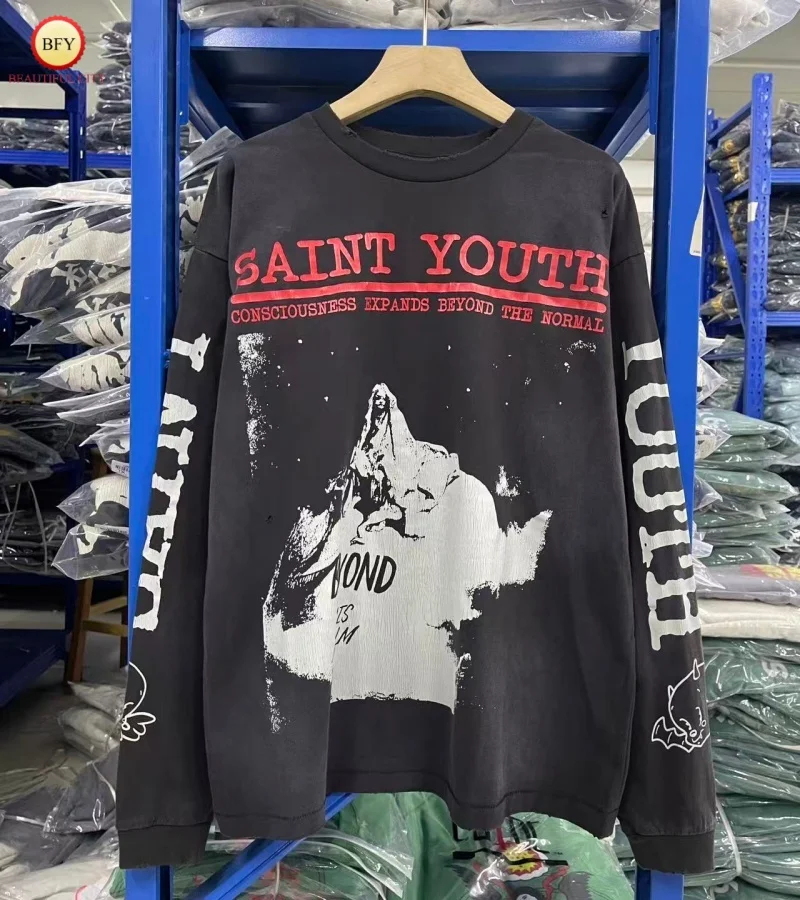 

SAINT Мужская и женская футболка High Street 25AW, новые поступления, винтажная потертая футболка с длинными рукавами