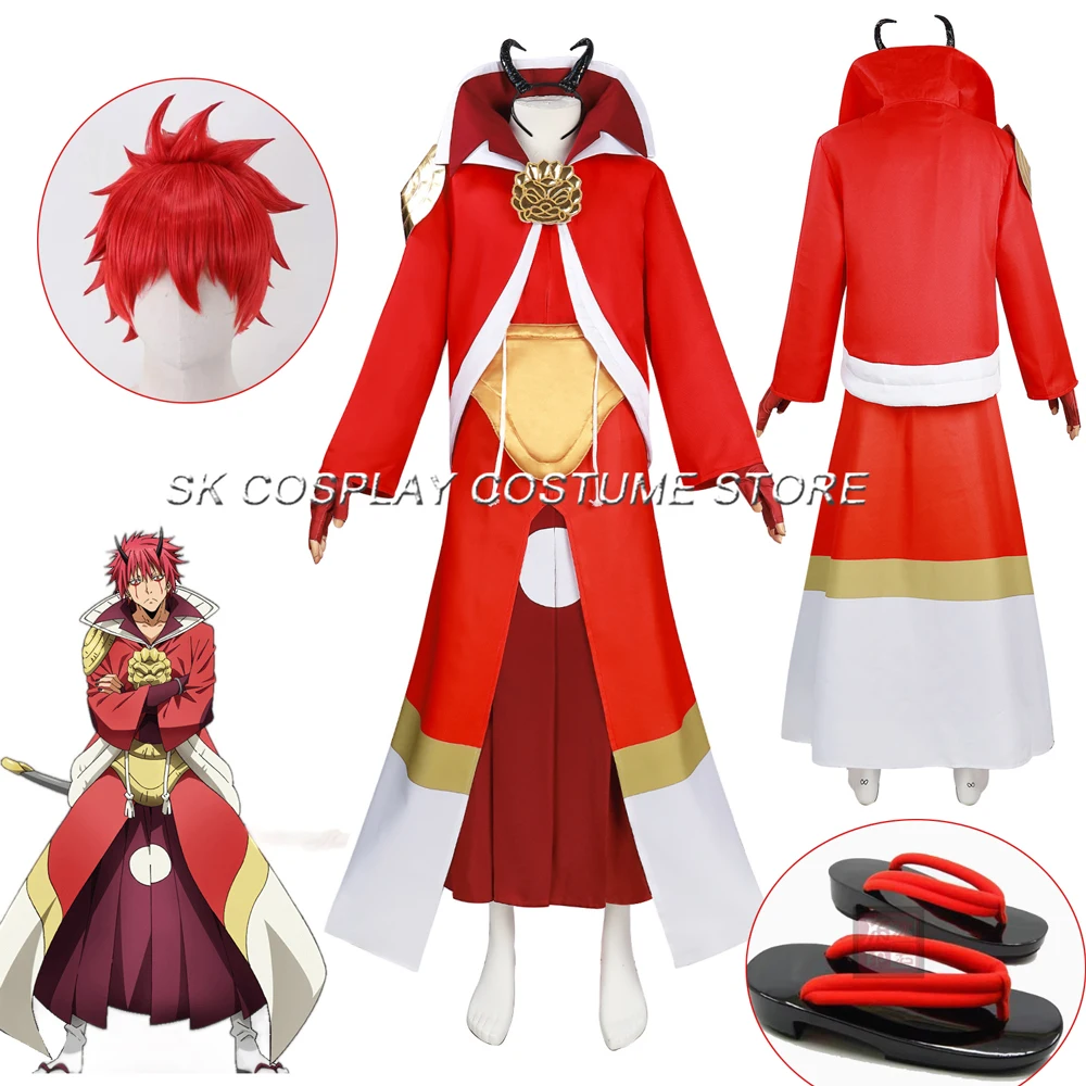 Anime Benimaru Cosplay Costume Wig Red Uniform Long Trench Pants That Time I Got Reincarnated As A Slime Halloween Party Outfits