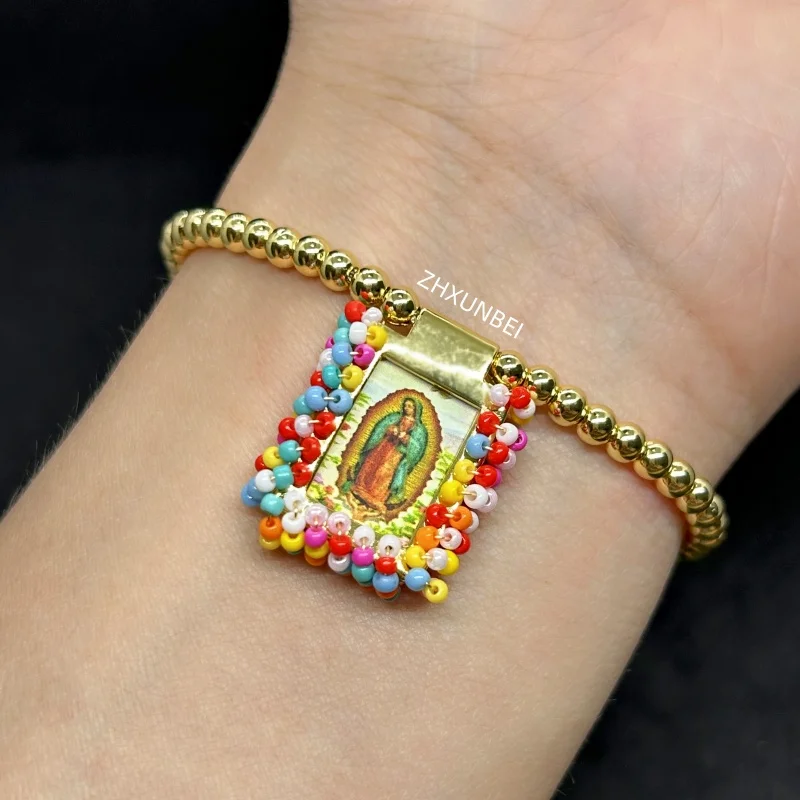 1pc Gold Plated Scapular Medal Bracelet Copper Miyuki Beads Catholic Virgin Mary Guadalupe Pulsera Rope Religious Jewelry Gift
