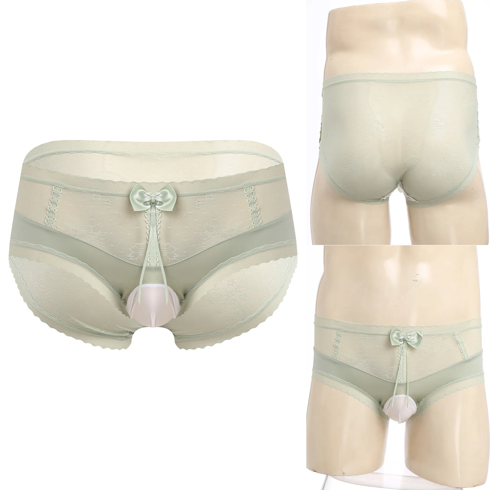 

Men Sexy Anime Floral Lace Briefs Underwear Bulge Pouch Cute Bow Sheer Mesh Panties for Gays Crossdressing Daily Underpants