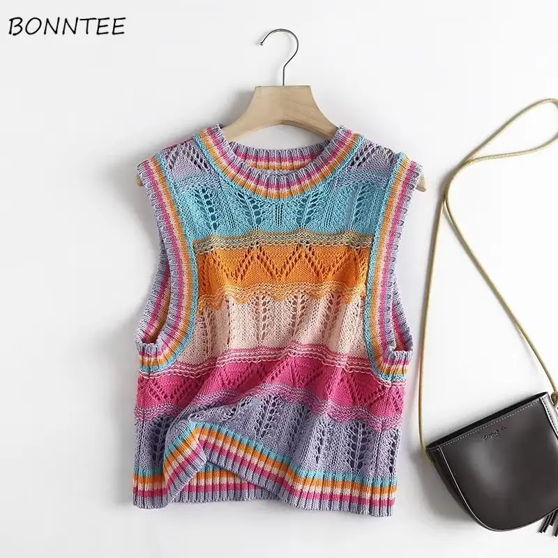 Sweater Vests Women Rainbow-striped Lovely Ladies Slim Knit All-match Cozy Knitted Sleeveless Spring Summer Street Style Holiday