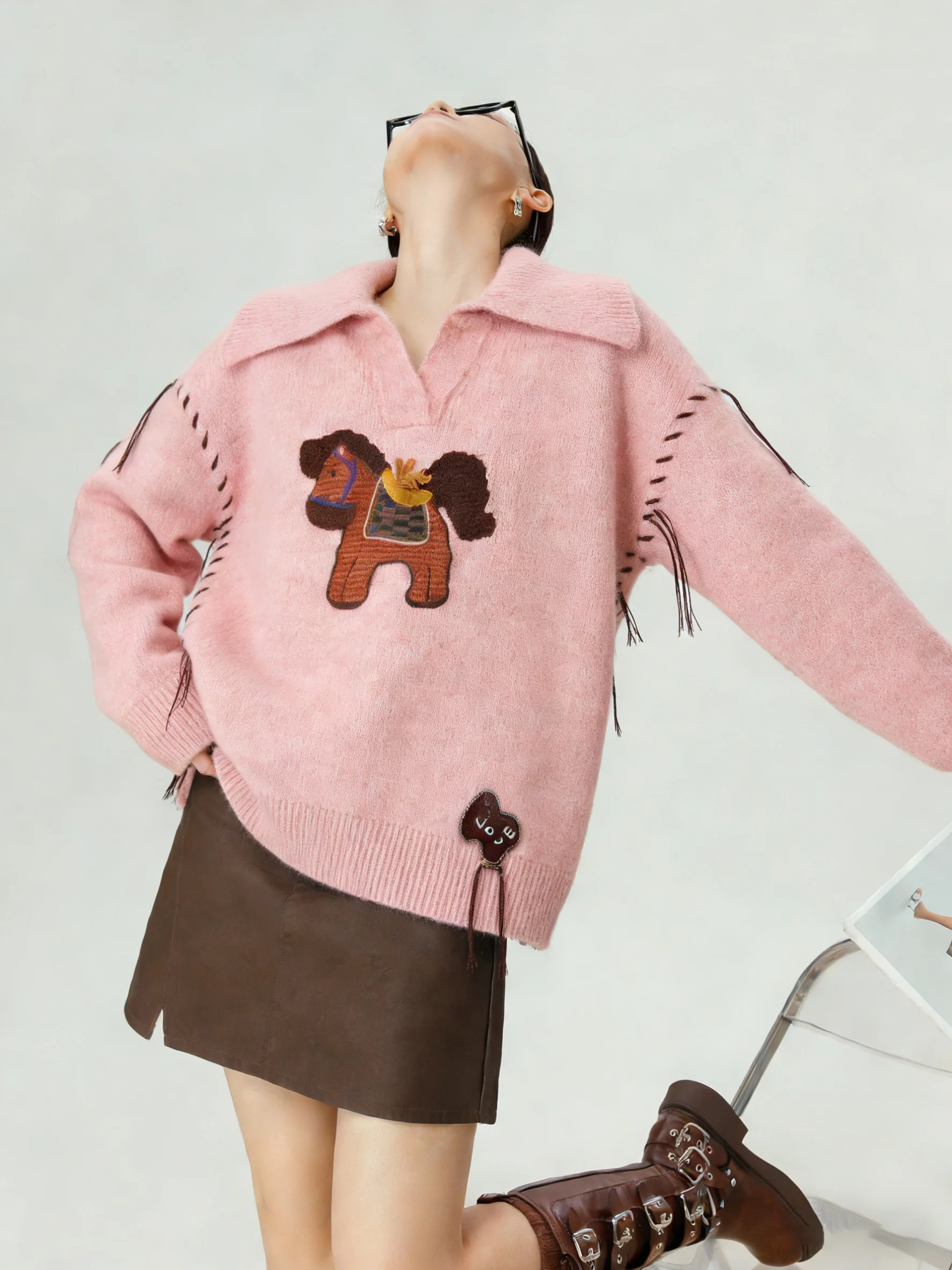 

Embroidered Ne Knitted Sweater Pink Luy Year Small Vintage Sle Women's Inner Wear Casual Long Sve Top