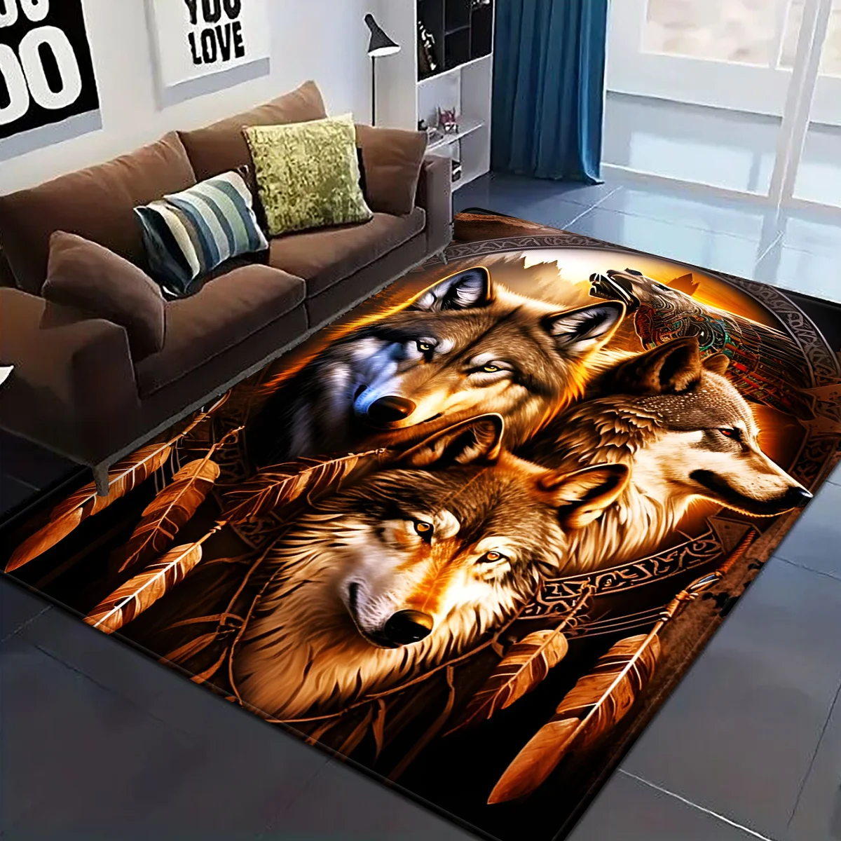 [Modern Tribal Wolf Rug] 1pc Suitable for Tribal Wolf Rug - Brown Three Wolf & Feather Pattern, Hand Washable Soft Adhesive Su