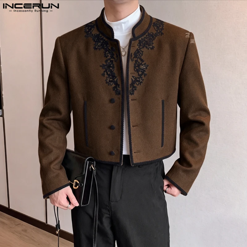 INCERUN Men's Blazer Embroidery Stand Collar Long Sleeve Casual Crop Blazer For Man Streetwear Elegant Autumn Vintage Male Suit