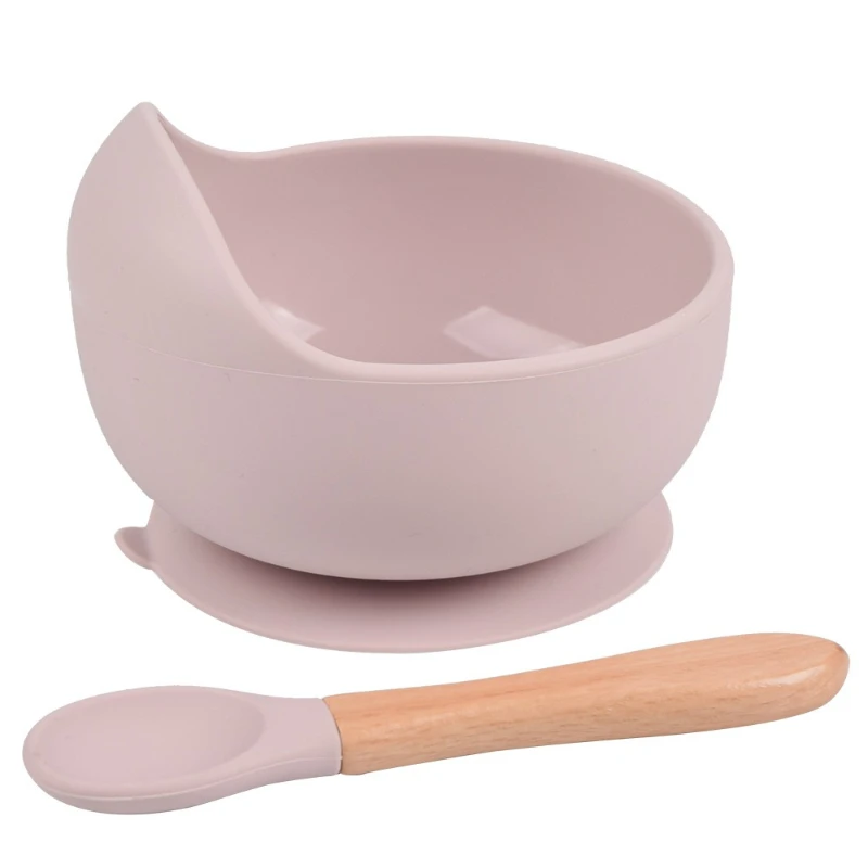 طقم صحون تغذية الطفل من السيليكون مكون من قطعتين أدوات مائدة تعليمية للأطفال مع ملعقة خشبية وشوكة منتجات الأطفال #4