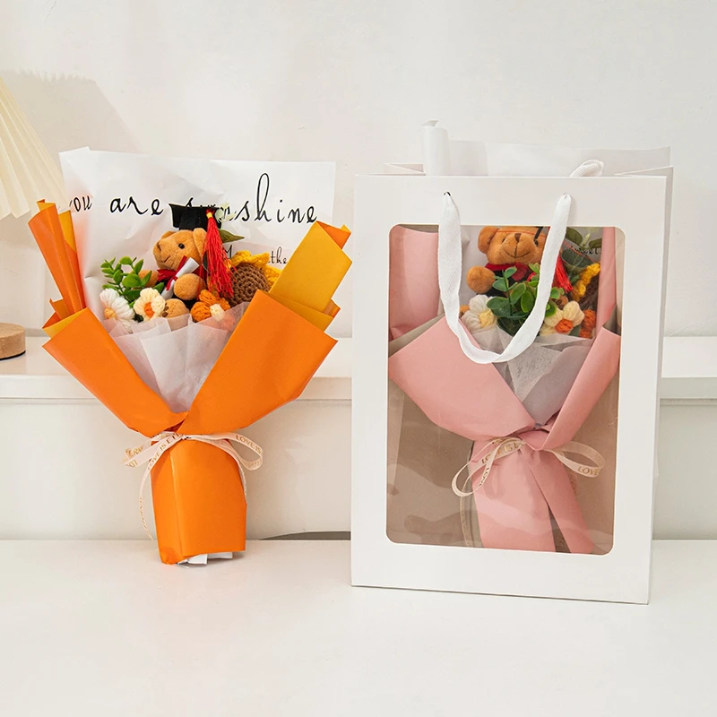 باقة عباد الشمس المنسوجة يدويًا للتخرج ، زهرة كروشيه للطبيب والدب ، هدية التخرج ، ديكور الحفلات