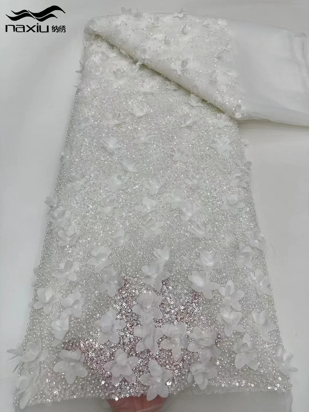 Madison 2025 African Beaded Embroidered Lace Fabric With Sequins High Quality Nigerian Sequence Tulle Lace Fabric For Wedding