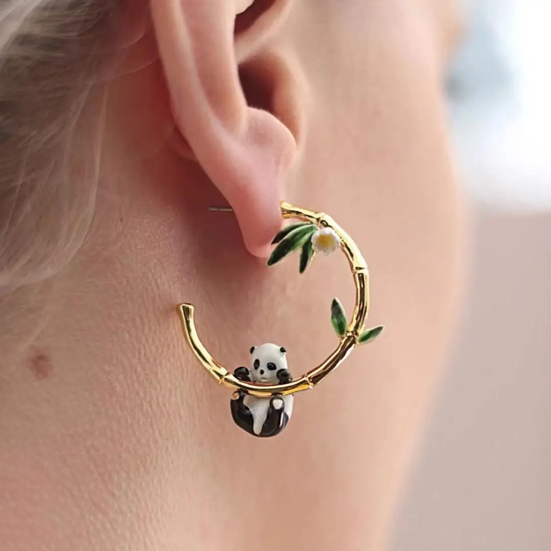 Panda and Bamboo Earrings with Enamel Ear Stud