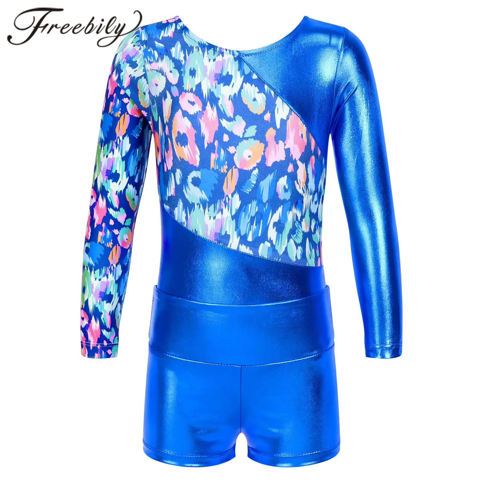 Kids Girls Long Sleeve Printed Patchwork Ballet Gymnastics Leotard with Shorts Gymnastic Bodysuit for Girls Athletic Jumpsuits