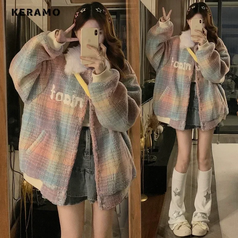 

Women Casual Sweet Long Sleeve Single Breasted Parkas 2023 Winter Plaid Outerwear Jacket Fashion Warm Patchwork Y2K Thick Coat