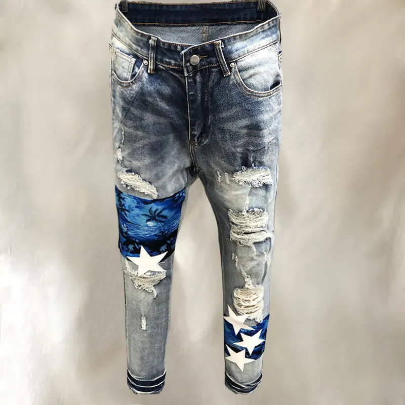 

2023 Men Streetwear Pattern Stitching Skinny Slim Fit Jeans High Street Washed Painted Jean Party Casual Trouser Pantalones