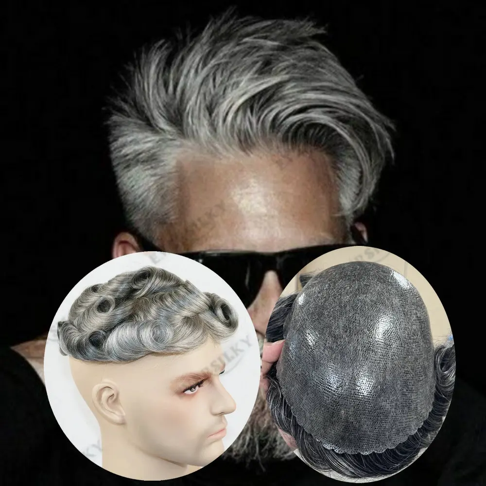 

Super Natural Hairline Durable Thin Skin Undetectable Men's Toupee Dark Brown 1B50Grey Black Human Hair Capillary Prosthesis Wig