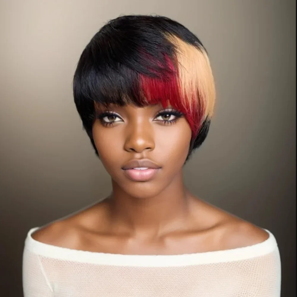 باروكة للاستخدام اليومي للحفلات، باروكة شعر بشري مستقيمة قصيرة مصنوعة آليًا، باروكة بيكسي باللون الأسود والأحمر للنساء، شعر مستعار بقص عابث #2