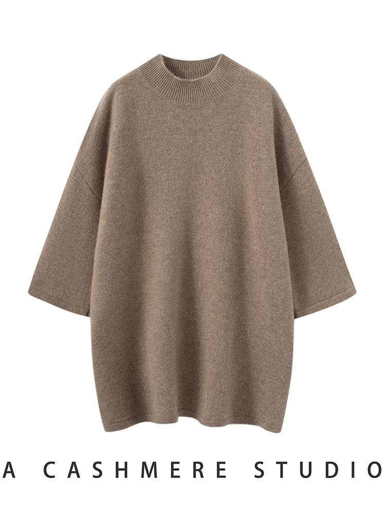 

TLOML Women 100% Cashmere T-shirt Mock Neck Half Sleeve Pullover Cashmere Knitwear Autumn Winter Loose Silhouett Soft Warm Tops