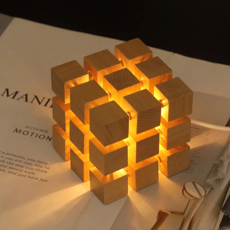 Creative Nine Level Rubik's Cube LED Floor Lamps Personality Wooden Square Ornament Bedroom Bedside Home Accessories Night Light