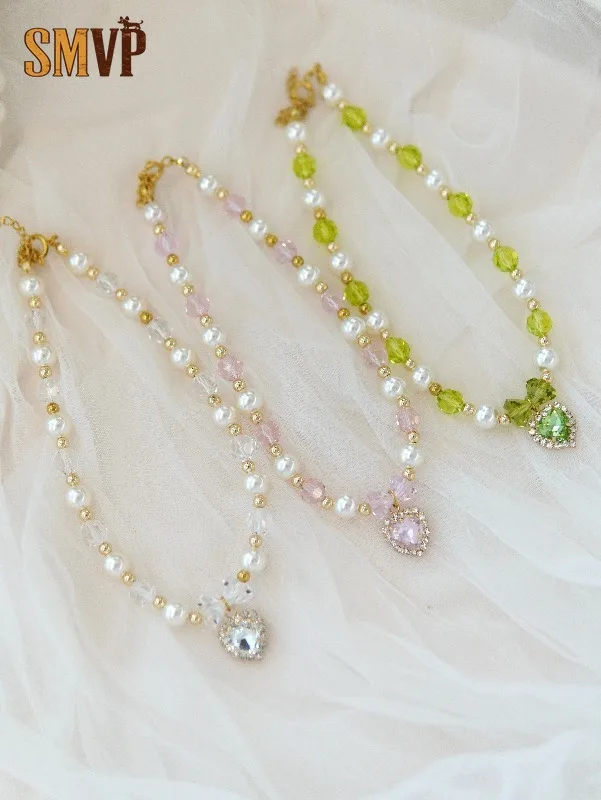 Lovely Sweet Multicolor Beaded Pet Necklace Glam Heart Rhinestone Accent Adjustable Decor Collar for Small Pet Photography Use